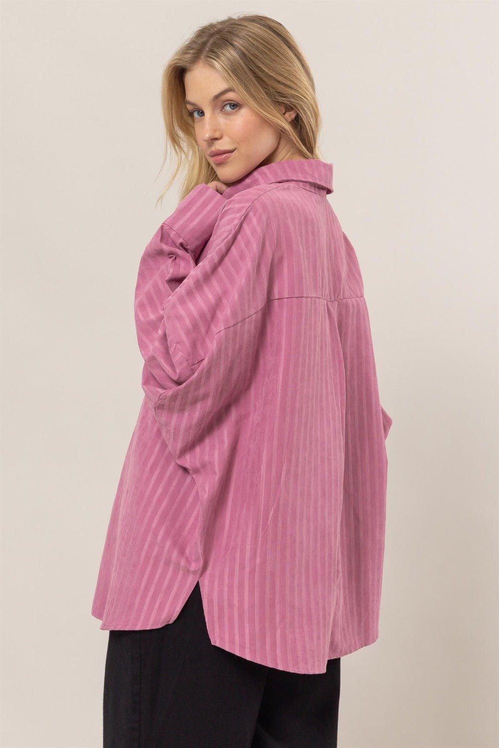 HYFVE - Striped Button Down Oversized Shirt in Rose Pink