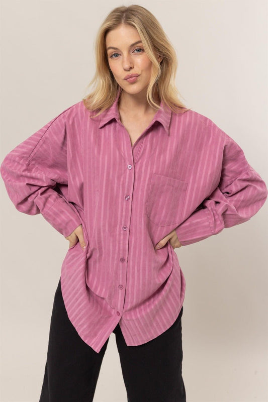 HYFVE - Striped Button Down Oversized Shirt in Rose Pink