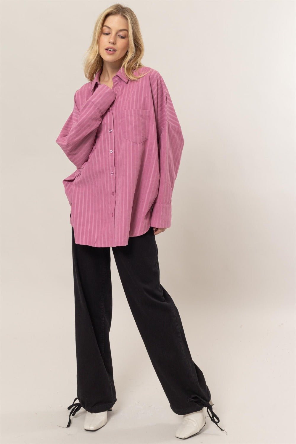 HYFVE - Striped Button Down Oversized Shirt in Rose Pink