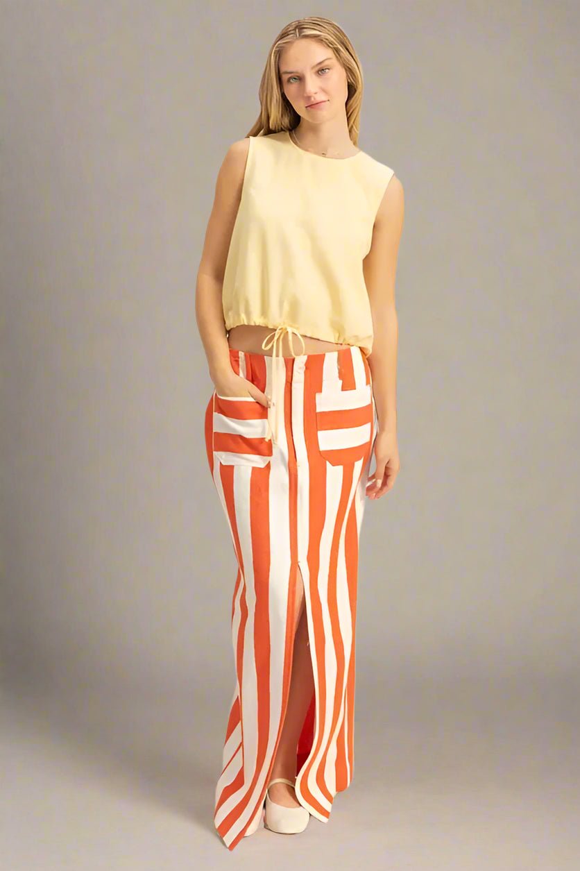 HYFVE - Striped Front - Slit Maxi Skirt in Tangerine and White