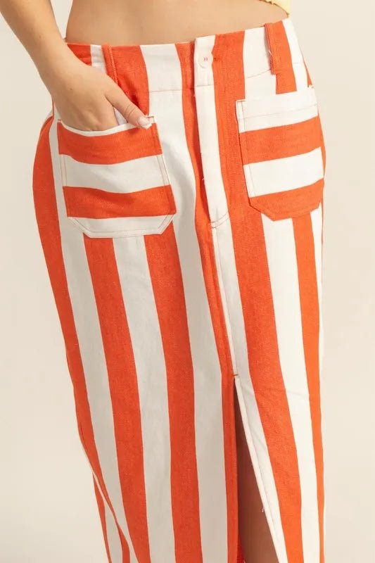 HYFVE - Striped Front - Slit Maxi Skirt in Tangerine and White