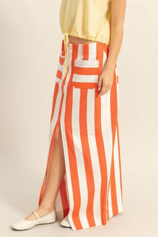 HYFVE - Striped Front - Slit Maxi Skirt in Tangerine and White