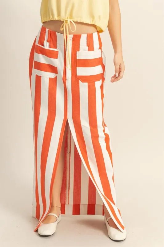 HYFVE - Striped Front - Slit Maxi Skirt in Tangerine and White