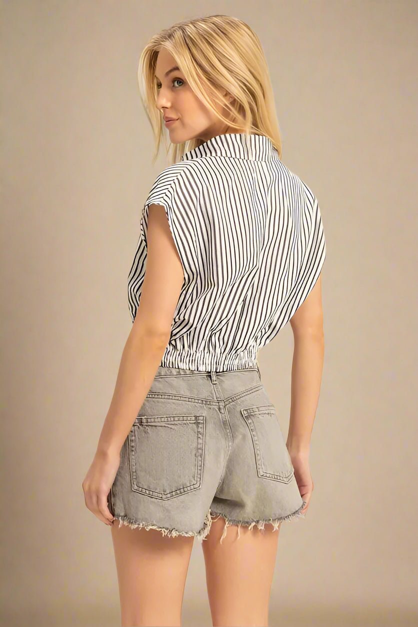 HYFVE - Striped V - Neck Cropped Top – Black