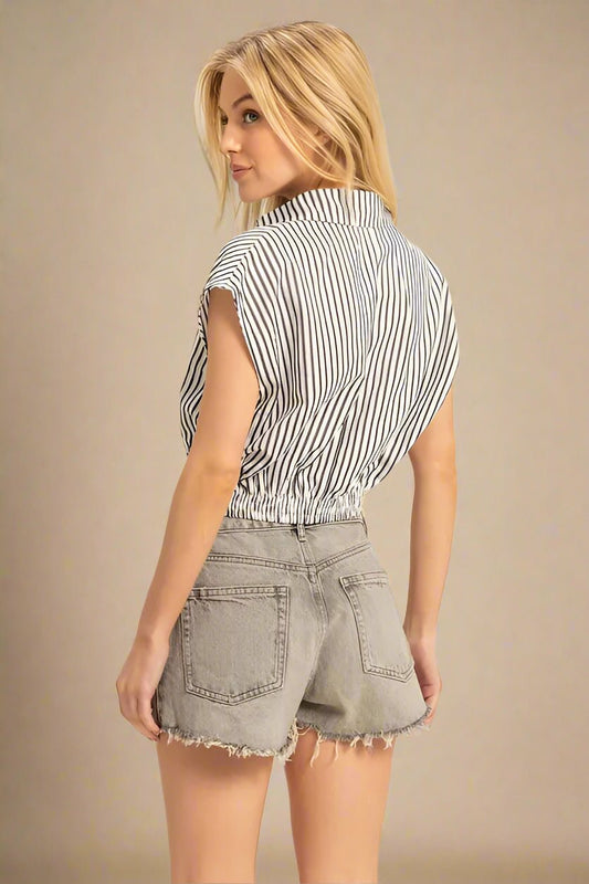 HYFVE - Striped V - Neck Cropped Top – Black