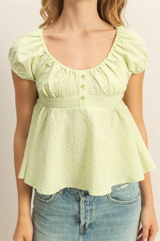 HYFVE - Swiss Dot Peplum Top in Soft Lime