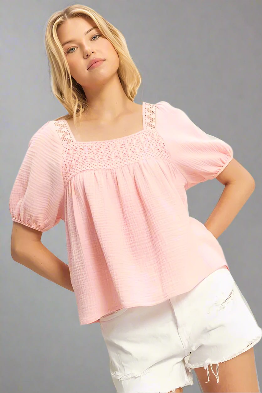 HYFVE - Textured Crochet Yoke Top in Soft Rose