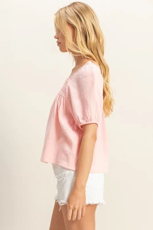 HYFVE - Textured Crochet Yoke Top in Soft Rose