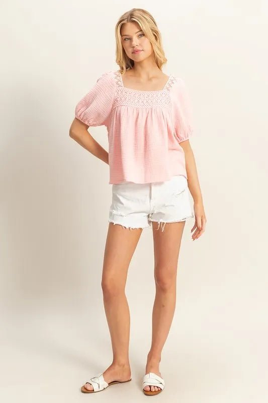 HYFVE - Textured Crochet Yoke Top in Soft Rose