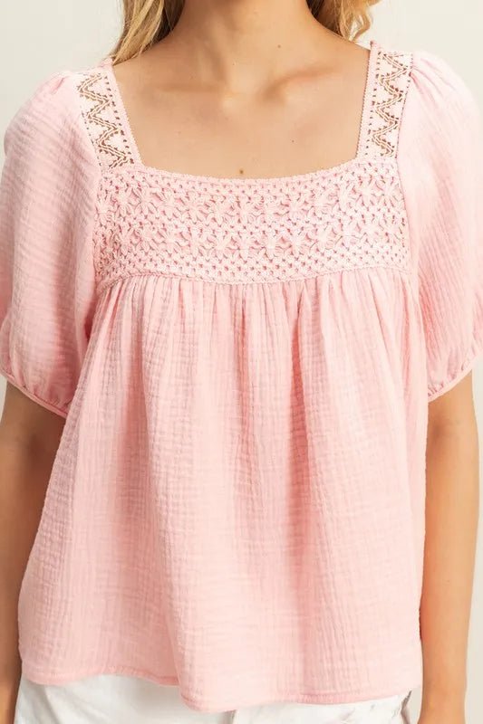 HYFVE - Textured Crochet Yoke Top in Soft Rose