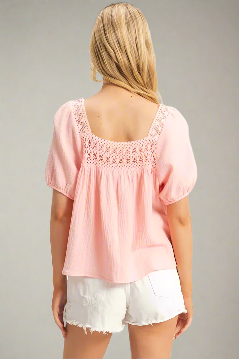 HYFVE - Textured Crochet Yoke Top in Soft Rose