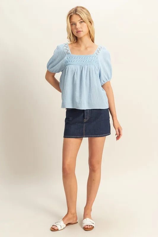 HYFVE - Textured Crochet Yoke Top in Soft Sky Blue