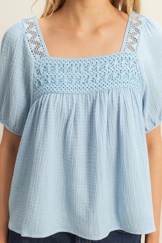 HYFVE - Textured Crochet Yoke Top in Soft Sky Blue
