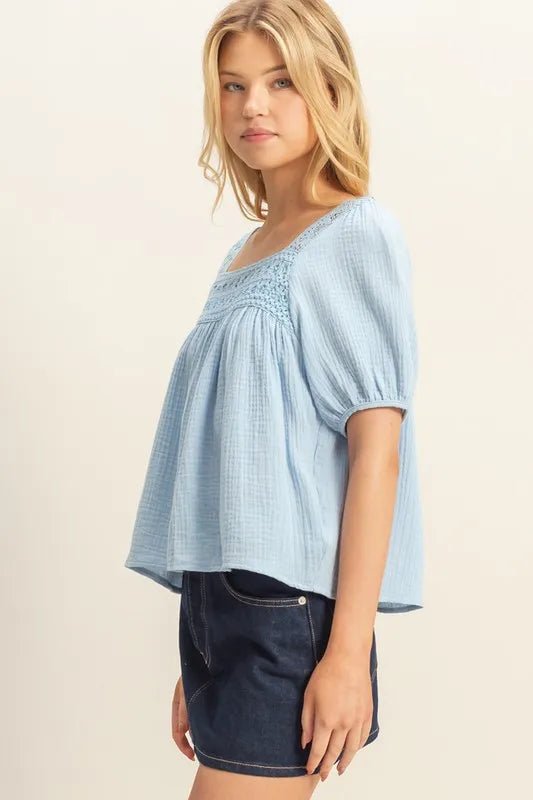 HYFVE - Textured Crochet Yoke Top in Soft Sky Blue