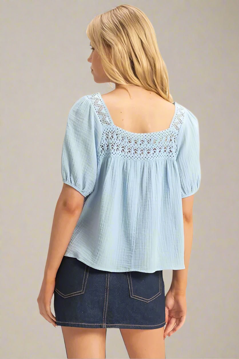 HYFVE - Textured Crochet Yoke Top in Soft Sky Blue