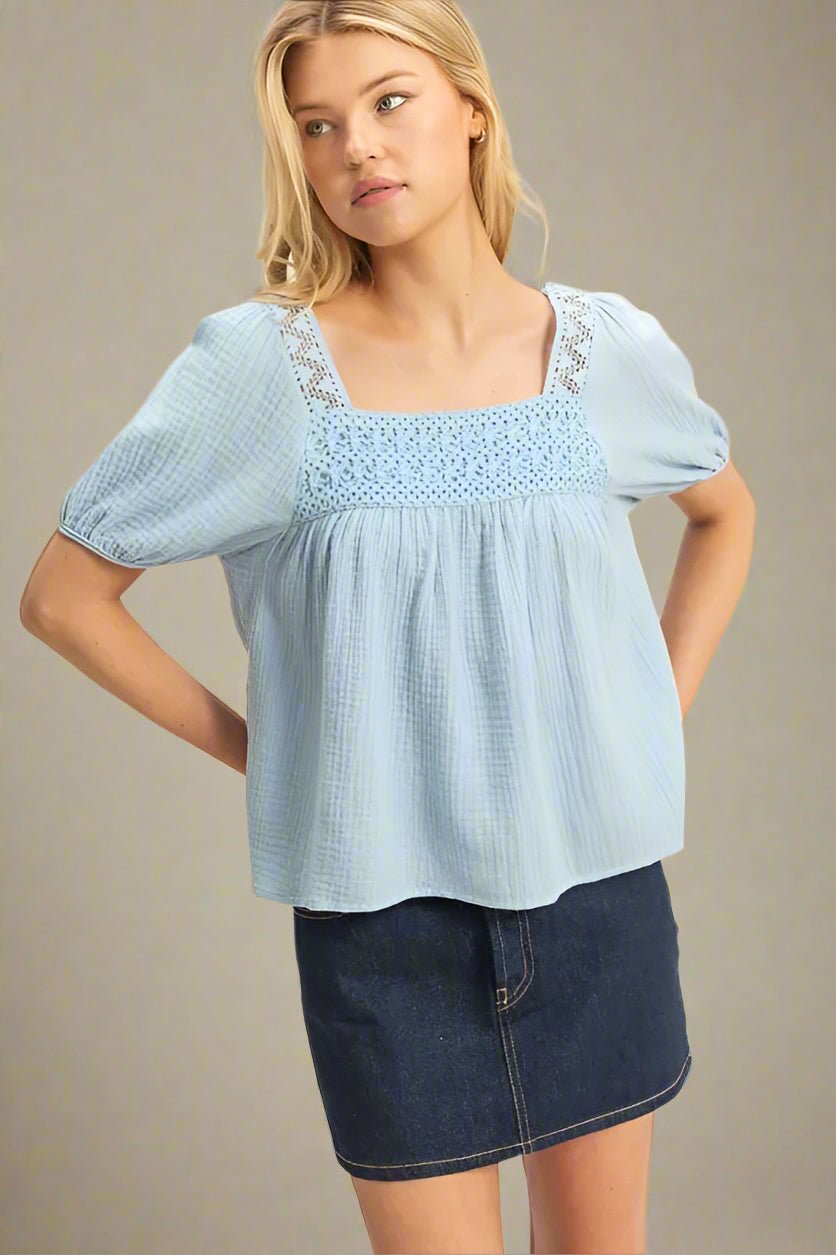 HYFVE - Textured Crochet Yoke Top in Soft Sky Blue