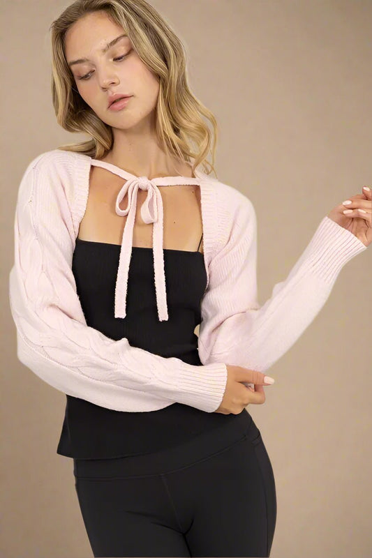 HYFVE - Tie - Front Shrug Knit Bolero in Soft Blush Pink