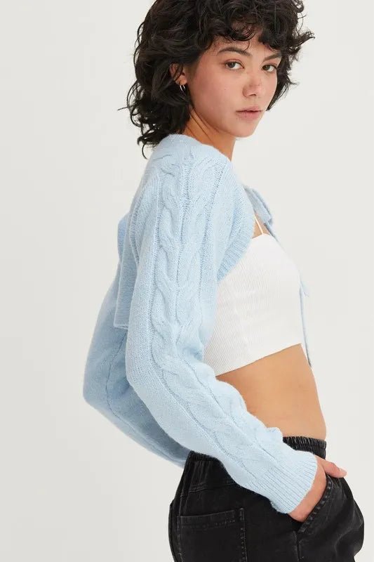 HYFVE - Tie - Front Shrug Knit Bolero in Soft Sky Blue