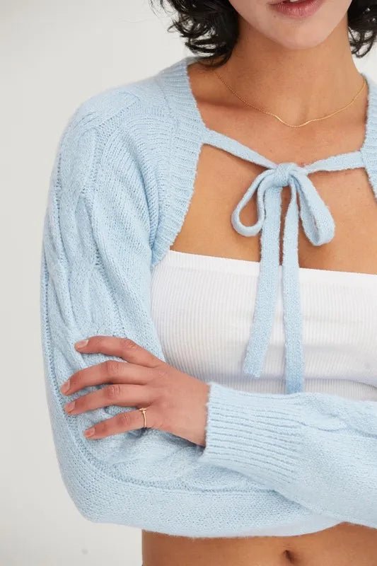 HYFVE - Tie - Front Shrug Knit Bolero in Soft Sky Blue