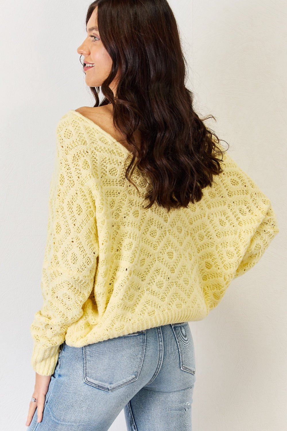 HYFVE - V - Neck Openwork Long Sleeve Sweater in Light Yellow