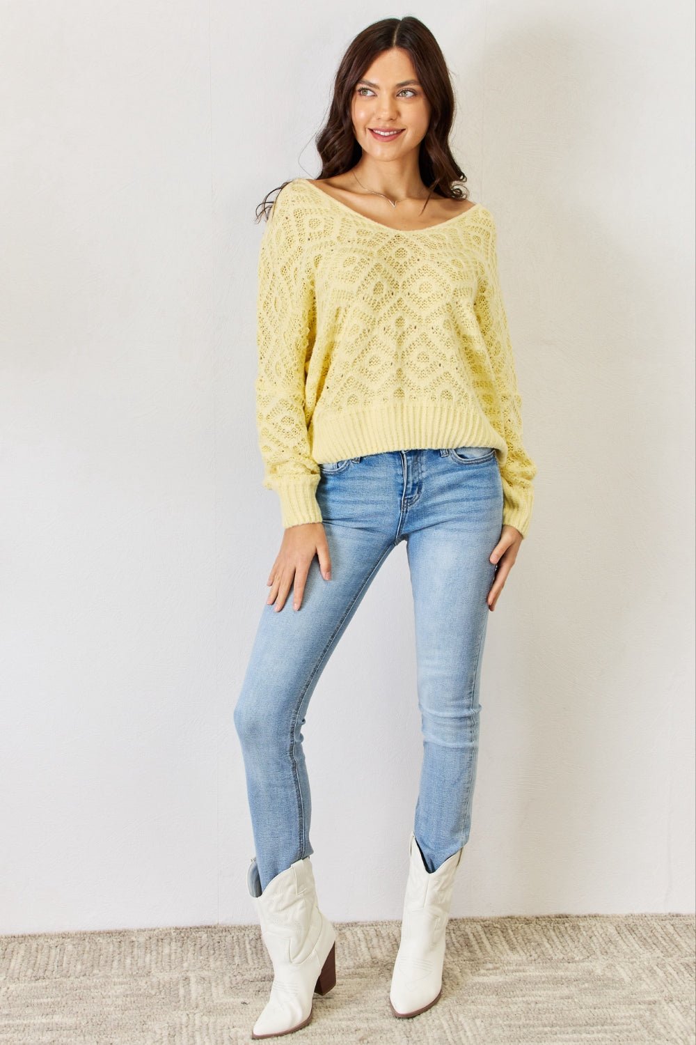 HYFVE - V - Neck Openwork Long Sleeve Sweater in Light Yellow