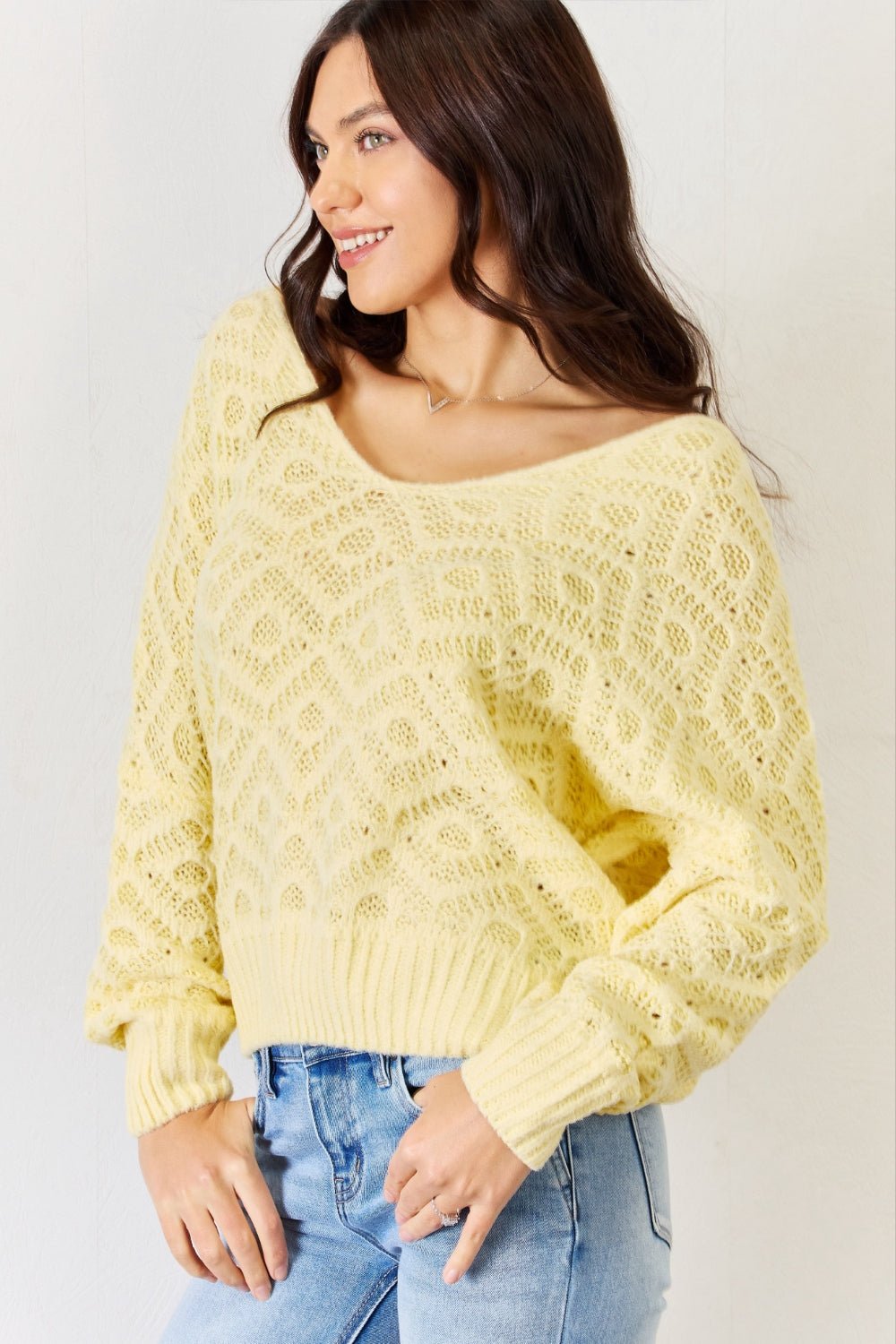 HYFVE - V - Neck Openwork Long Sleeve Sweater in Light Yellow