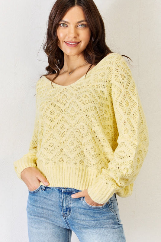 HYFVE - V - Neck Openwork Long Sleeve Sweater in Light Yellow