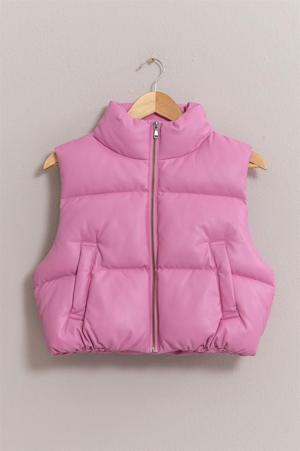 HYFVE - Vegan Leather Zip Up Cropped Puffer Vest in Rose Pink