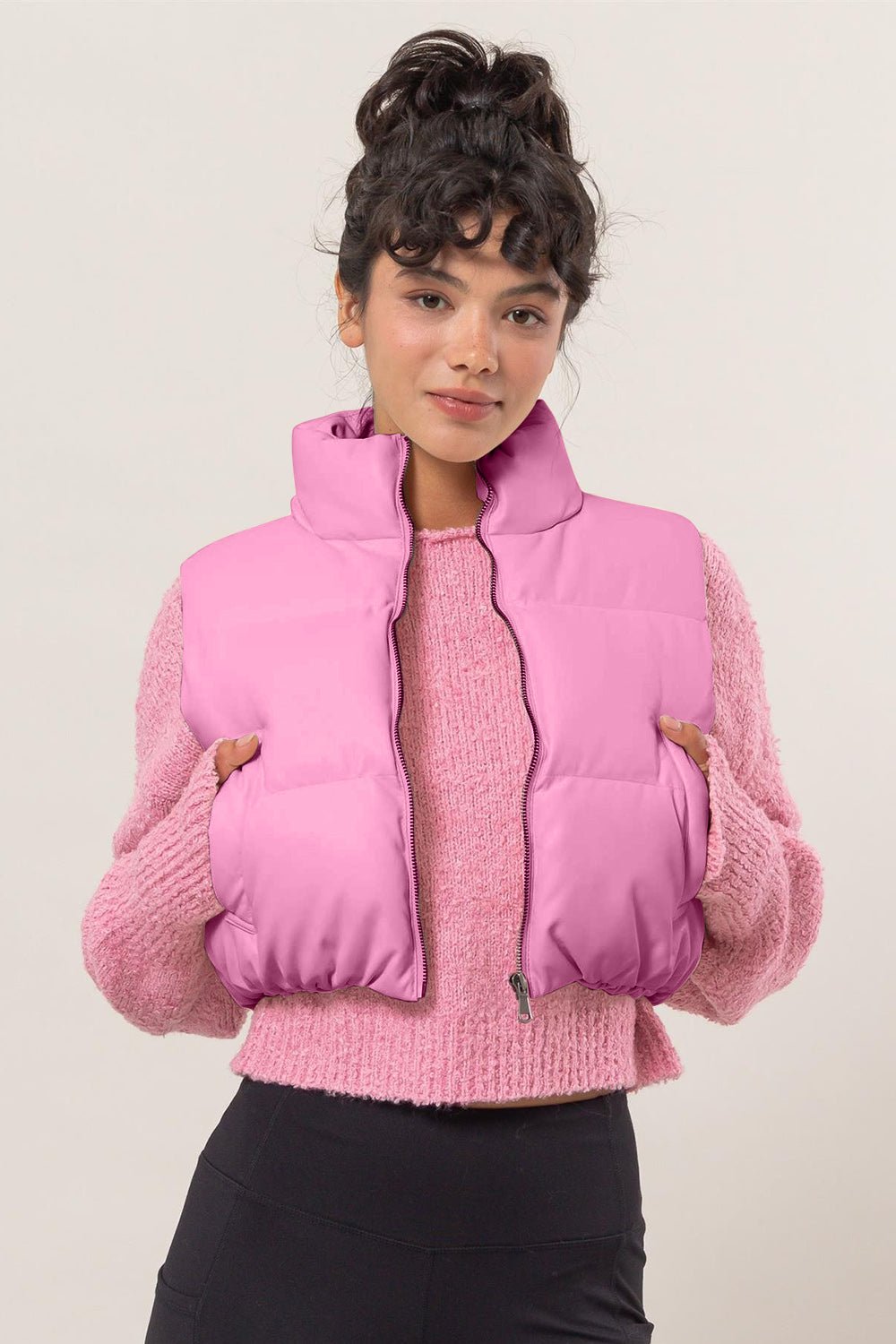 HYFVE - Vegan Leather Zip Up Cropped Puffer Vest in Rose Pink