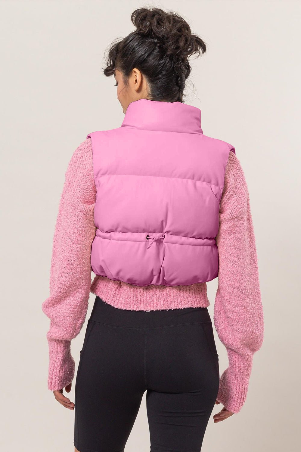 HYFVE - Vegan Leather Zip Up Cropped Puffer Vest in Rose Pink