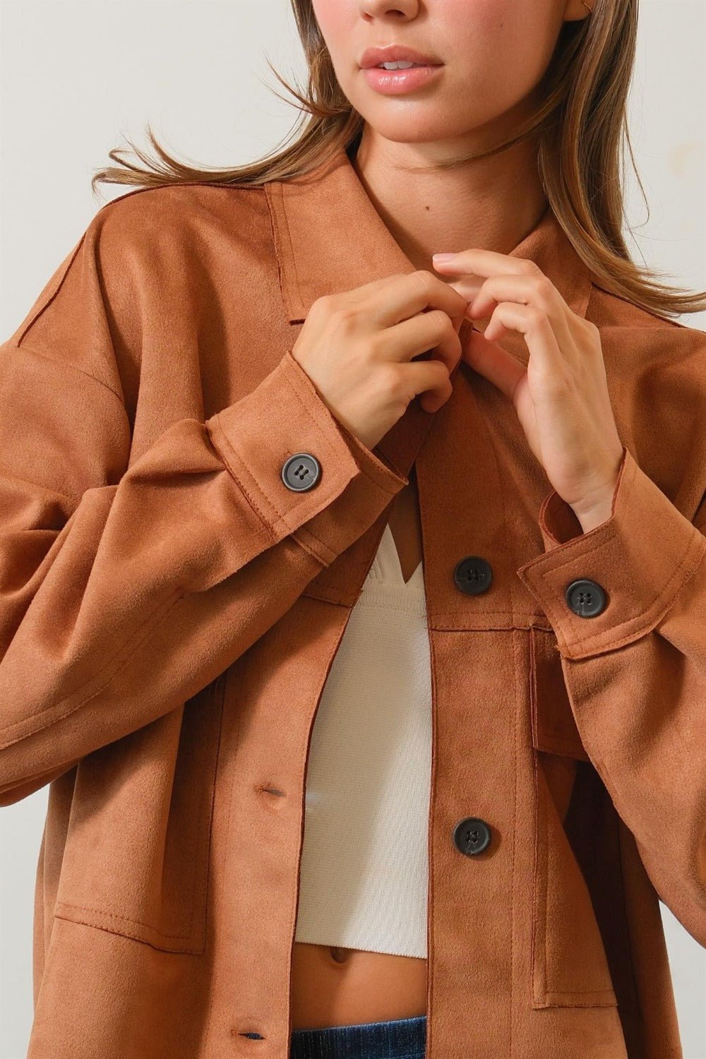 HYFVE - Vegan Suede Button Down Cropped Jacket in Camel