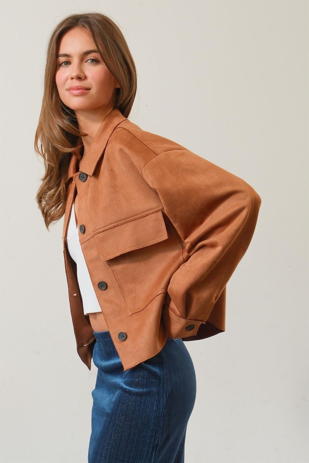 HYFVE - Vegan Suede Button Down Cropped Jacket in Camel