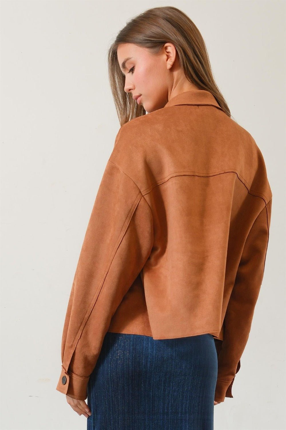 HYFVE - Vegan Suede Button Down Cropped Jacket in Camel