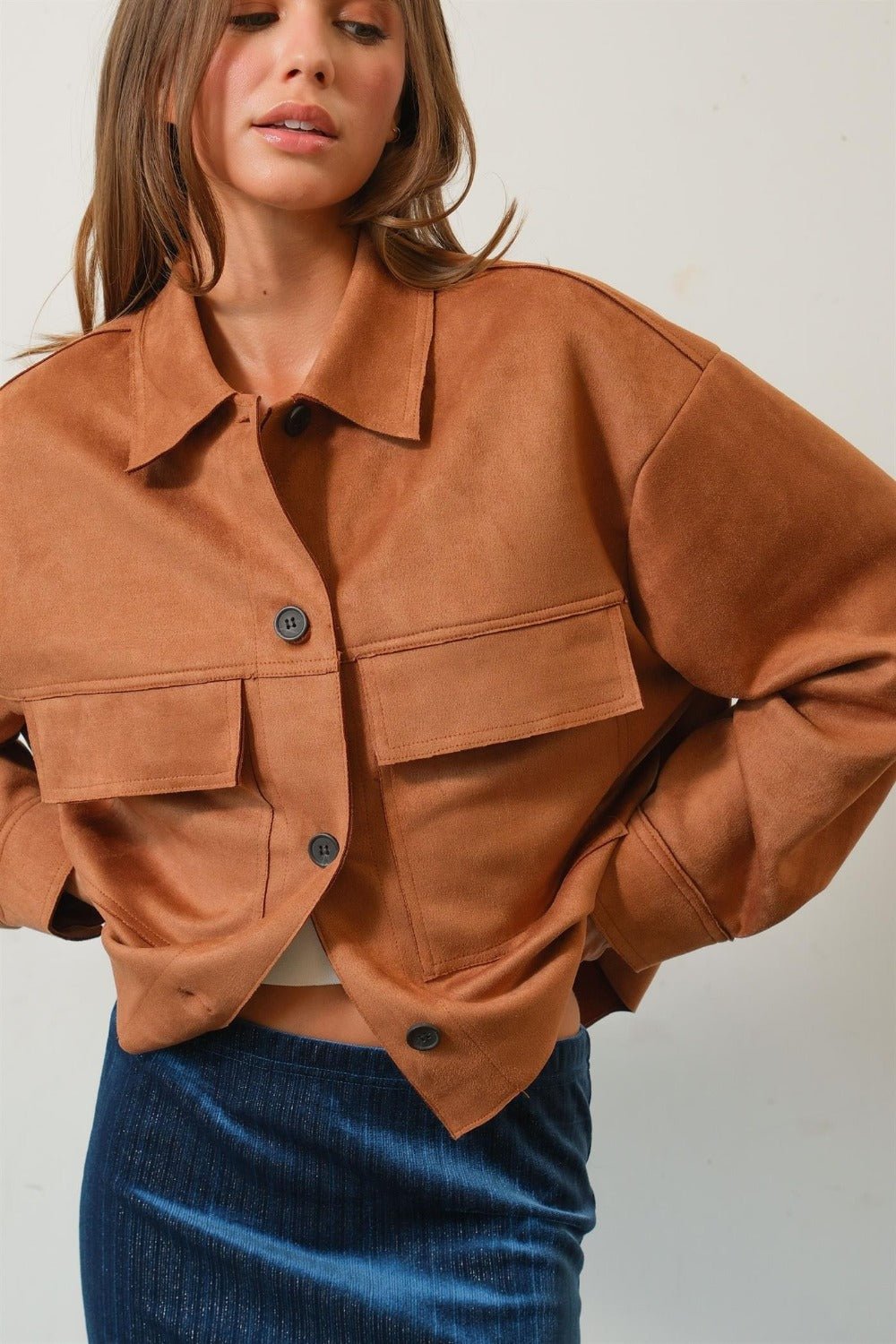 HYFVE - Vegan Suede Button Down Cropped Jacket in Camel