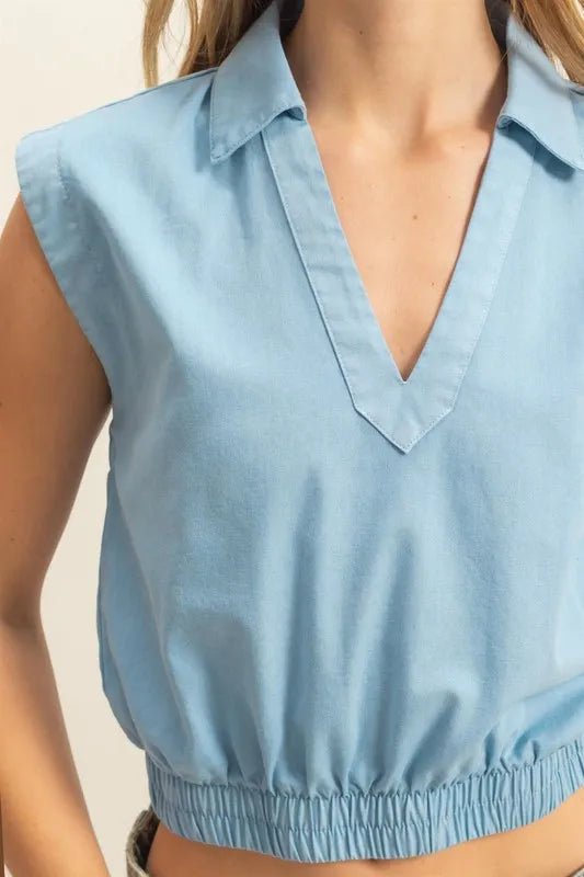 HYFVE - Washed Denim Blue V - Neck Popover Top