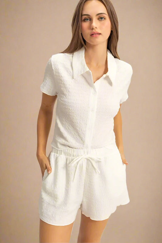 HYFVE - White Textured Collared Shorts Set