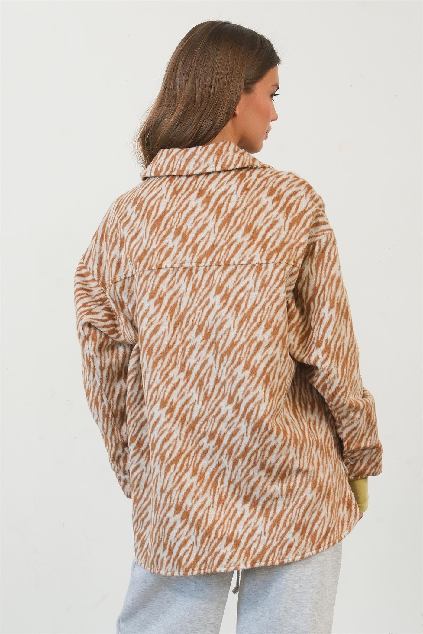 HYFVE - Zebra Print Snap Down Shacket in Camel