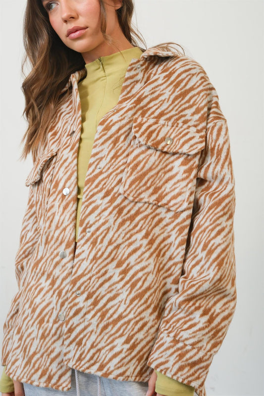 HYFVE - Zebra Print Snap Down Shacket in Camel