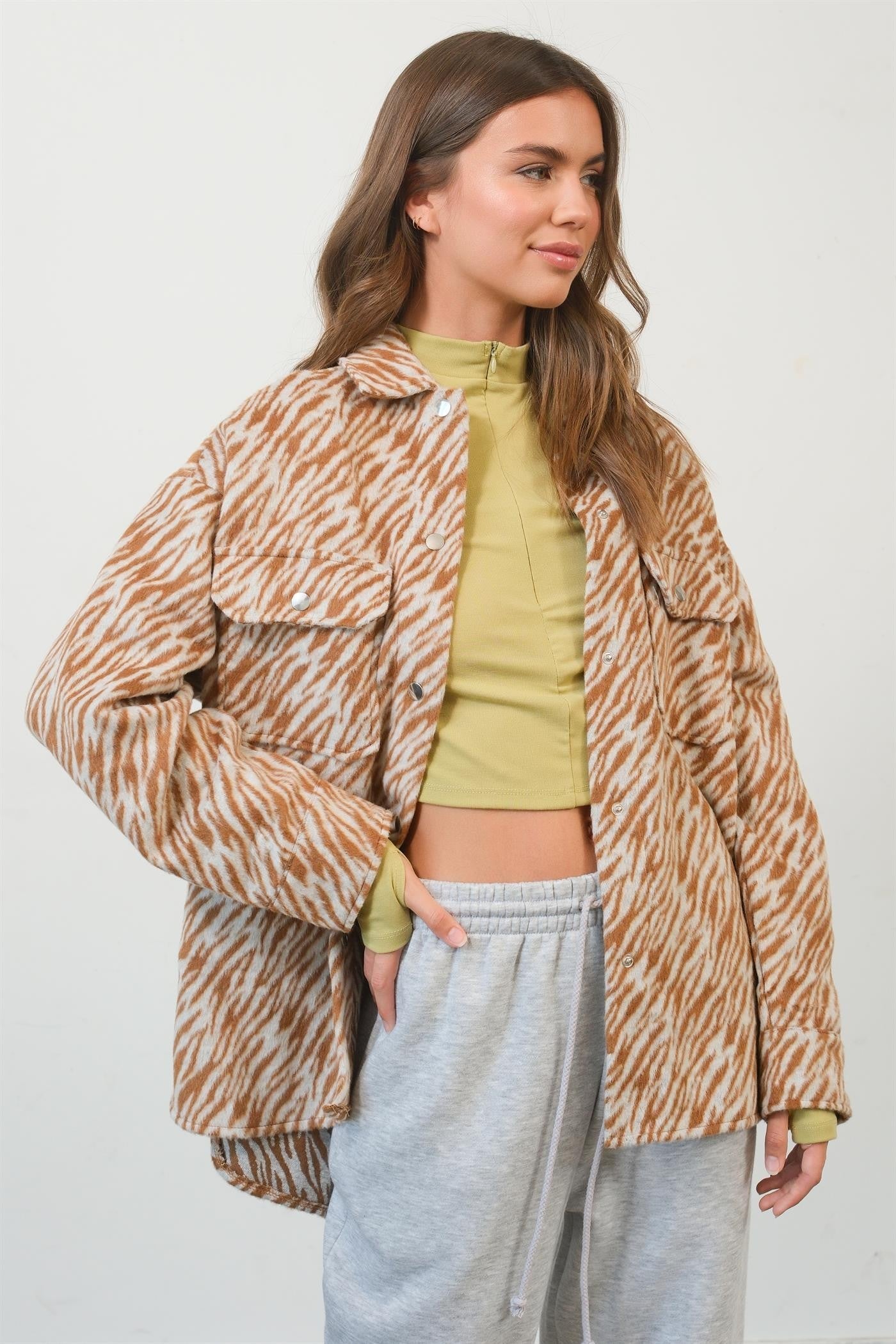 HYFVE - Zebra Print Snap Down Shacket in Camel