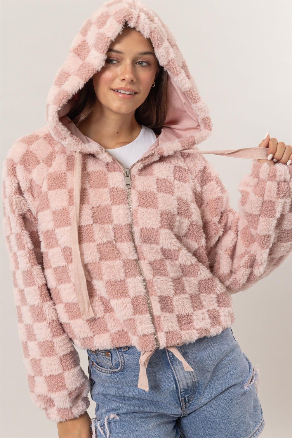 HYFVE - Zip Up Checkered Hooded Sherpa Jacket in Blush