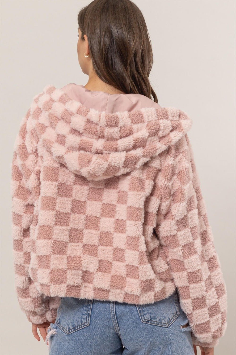 HYFVE - Zip Up Checkered Hooded Sherpa Jacket in Blush