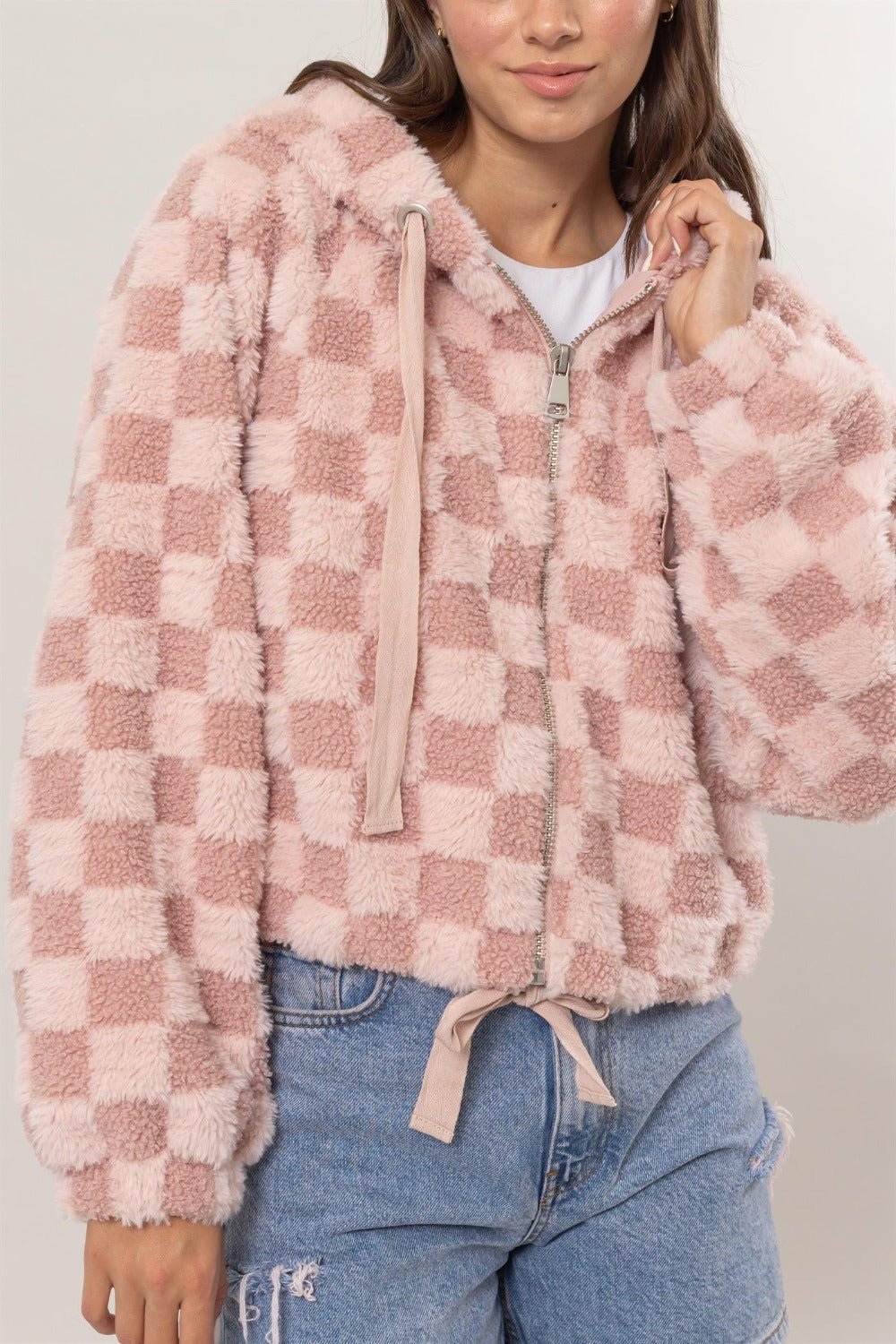 HYFVE - Zip Up Checkered Hooded Sherpa Jacket in Blush