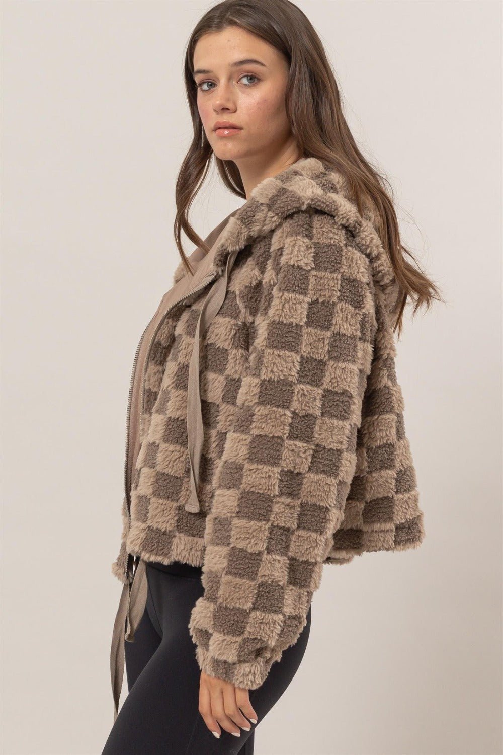 HYFVE - Zip Up Checkered Hooded Sherpa Jacket in Mocha