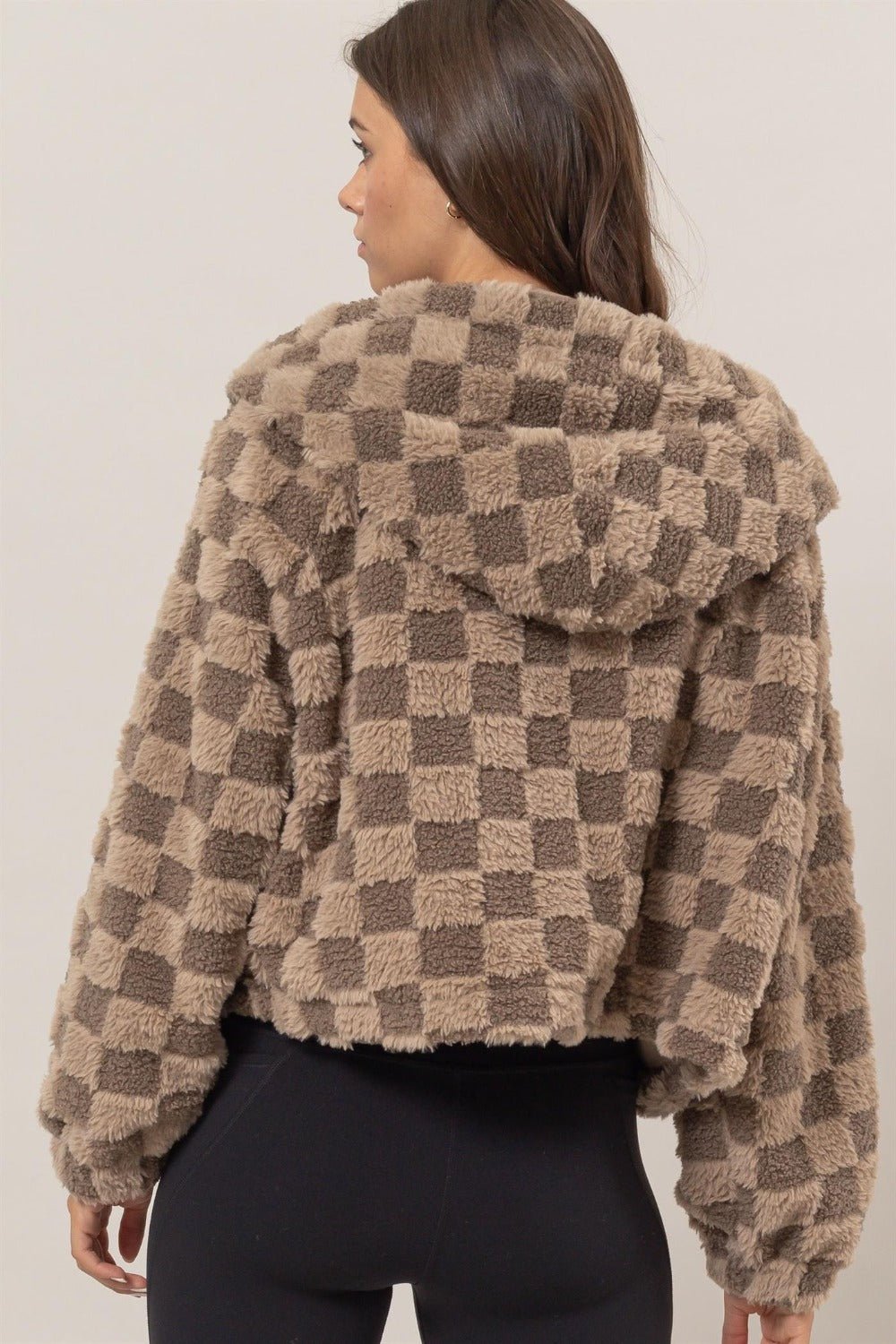 HYFVE - Zip Up Checkered Hooded Sherpa Jacket in Mocha