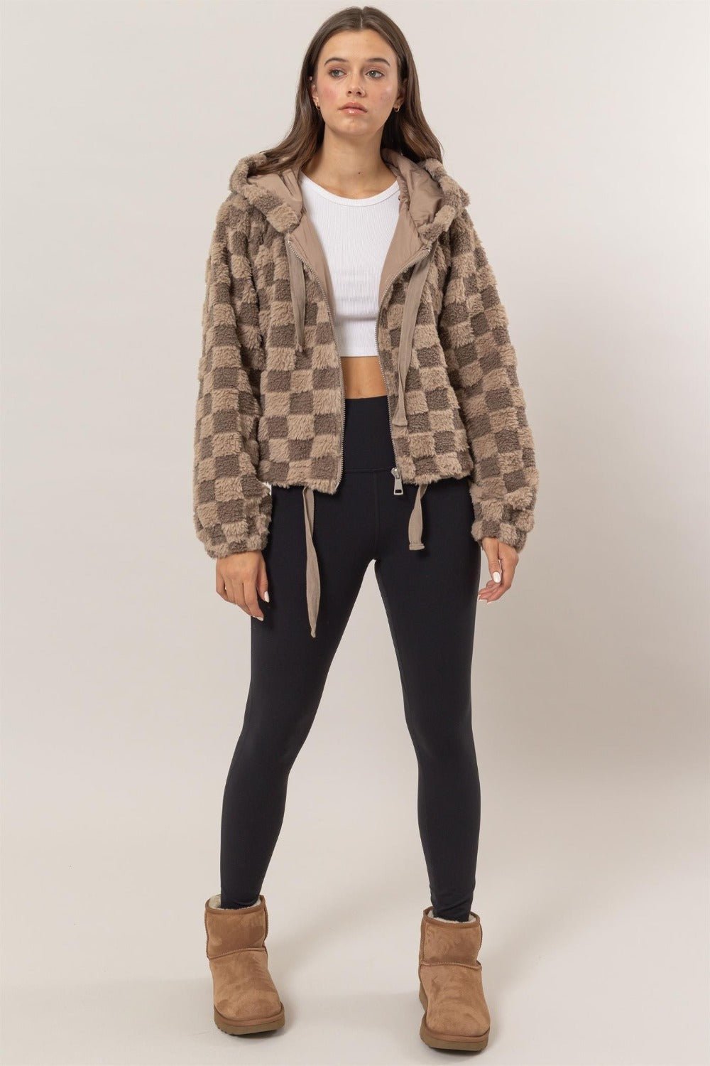 HYFVE - Zip Up Checkered Hooded Sherpa Jacket in Mocha