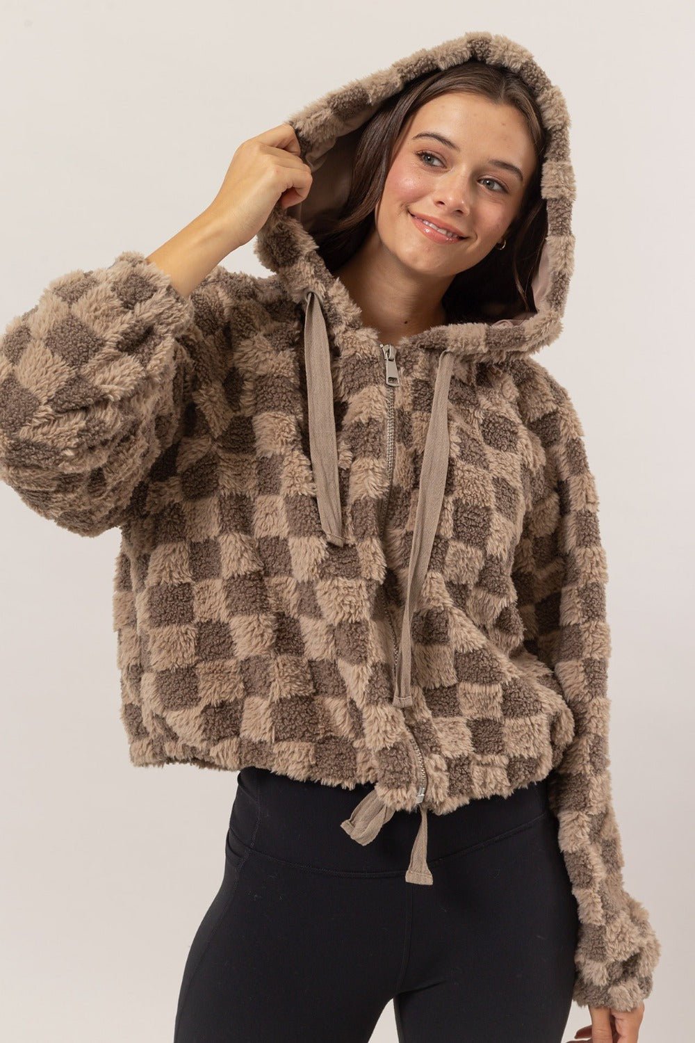 HYFVE - Zip Up Checkered Hooded Sherpa Jacket in Mocha