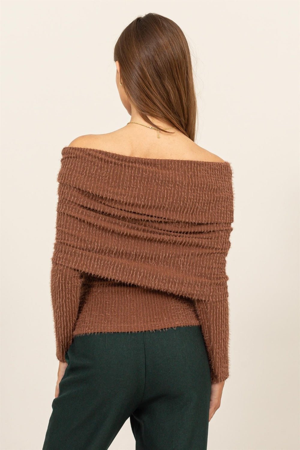 HYFVEFuzzy Off - Shoulder Textured Knit Top in Brown