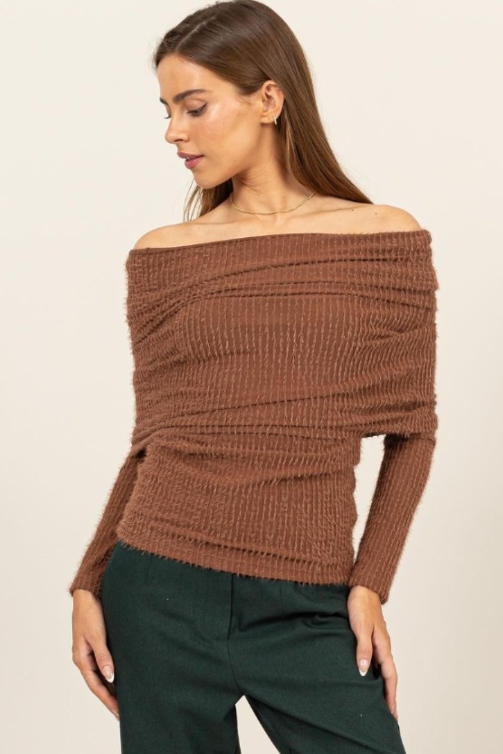 HYFVEFuzzy Off - Shoulder Textured Knit Top in Brown