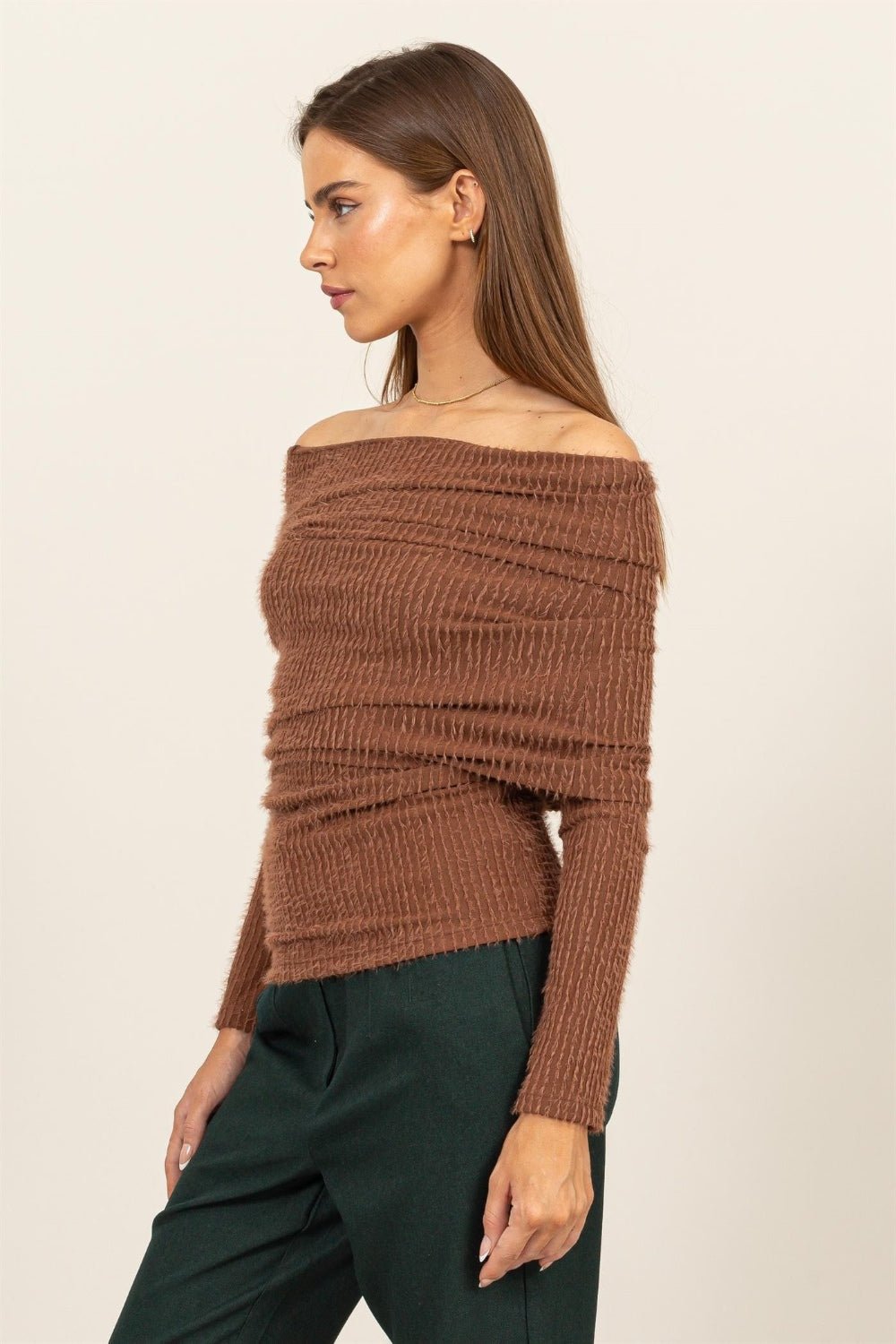 HYFVEFuzzy Off - Shoulder Textured Knit Top in Brown