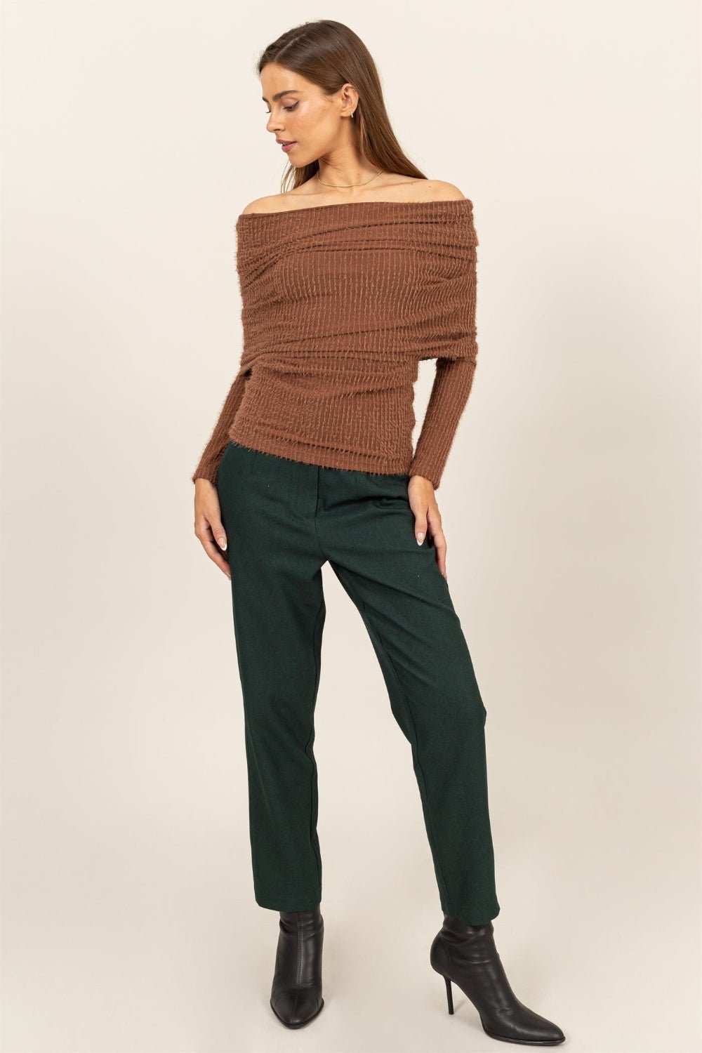 HYFVEFuzzy Off - Shoulder Textured Knit Top in Brown